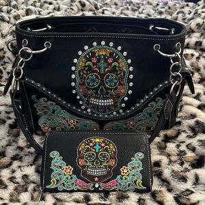 Colorful Embroidered Skull Black Shoulder Bag and Wallet Set